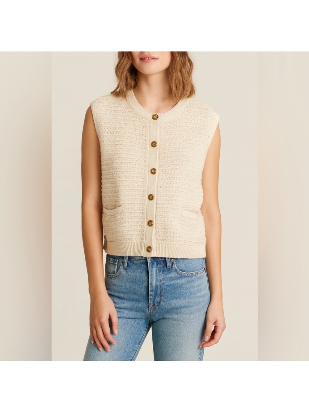 NWT Cream Crochet Knit Sweater Vest Gold Buttons Preppy Style by Magaschoni